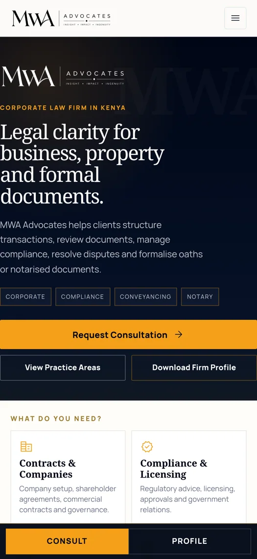 Client website screenshot: MWA / M.W. Waititu Advocates